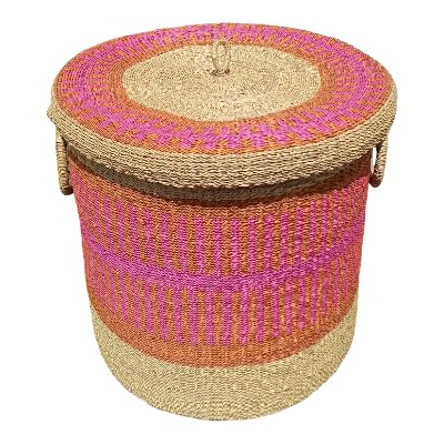 African Woven Laundry Basket for Clothes, Towels, Sheets, Blankets, Storage Basket with Lid, Rattan Hamper Basket, Ghana Basket for Storage (Large)