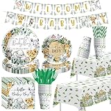 Owelleny Jungle Safari Baby Shower Decorations, 195Pcs Jungle Theme Baby Boy Table Decorations, Plate, Napkin, Cup, Tablecloth, Banner, Cutlery, Wild Animal Baby Shower Party Supplies, Serves 24