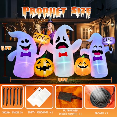 Image of 8FT Long Halloween Inflatable Ghosts and Pumpkins, 3 Blow Up Ghosts Inflatables with 2 Pumpkin Built-in LED Lights for Halloween Party Yard Garden Lawn Decorations