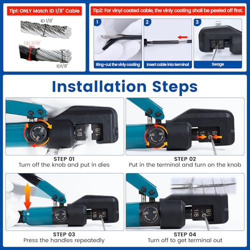 Muzata Custom Cable Railing Crimping Tool Hydraulic Crimper Hydraulic Crimping Tool for 1/8" Stainless Steel Cable Railing Kit Wire Rope Swaging Kit CR09 - Thumbnail 5