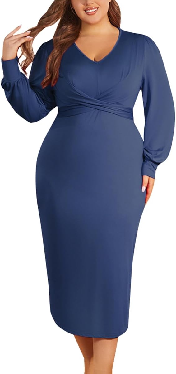 WUSENST Women's Long Sleeve Dress Casual V Neck Dresses Twist Waist Bodycon Cocktail Party Dress