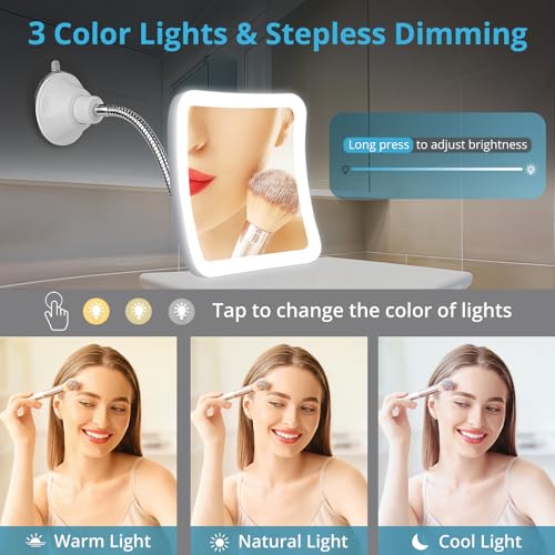 Image of Fabuday Flexible Gooseneck 30X Lighted Magnifying Mirror with Tweezer - Upgraded Rechargeable Makeup Mirror with Lights, LED Travel Mirror with Suction Cup for Bathroom, 3 Color Lighting, Square
