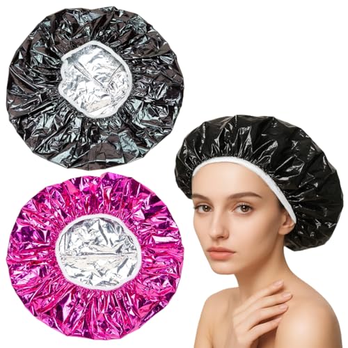 Gorro Calefactor, Gorro de Baño, Gorro Térmico, Cuffia de Aluminio, para Tratamiento con Acondicionador, Mejora Eficacia del Cuidado Capilar, para Adultos y Adolescentes(2 Piezas