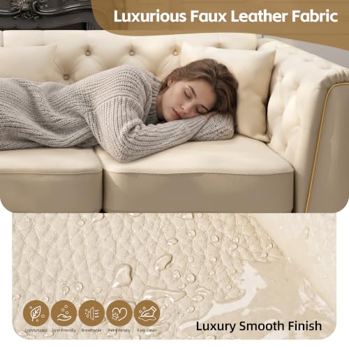 Image of KEIKI 2-Piece Chesterfield Sofa Set with Handmade Button Tufted, Beige | 5-Seater Couch Set with 1 Faux Leather 3-Seater Sofa & 1 Loveseat & 1 Ottoman & 5 Pillow, Easy Assembly, for Living Room
