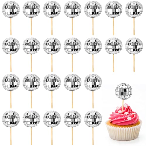 24 Pcs Disco Ball Cupcake Toppers, Mini Disco Ball Cake Picks Birthday Cake Decorations for 1970s Disco Theme Party Favor