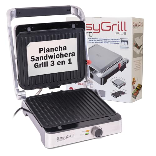 Parrila Electrica Grill 3 en 1 Sandwichera Antiadherente para Barbacoa Paninis Verduras Pescado Ajustable - Tostadora de Pan con Placas Desmontables Lavables 2000w Temperatura Regulable