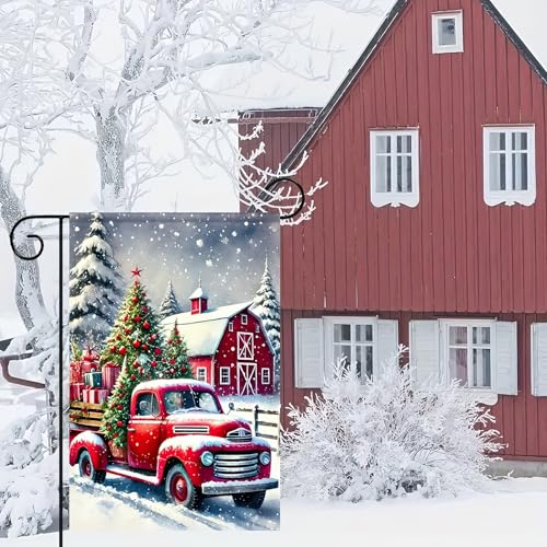 Image of BlissYard Christmas Garden Flag 12x18 Inches - Double-Sided Red Vintage Truck with Christmas Tree and Barn Design, Weatherproof Holiday Outdoor Decoration for Lawn, Garden, and Pathways