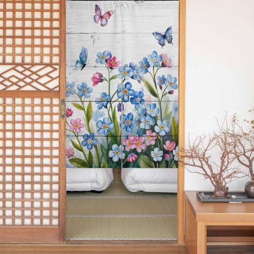 Sauoromeon のれん カーテン 幅75x丈90cm 厚手 遮光 暖簾 ドアカーテン 仕切り 目隠し 通気性 和風 おしゃれ フラット リング対応 ひも付き 春 花 ちょう 水彩画 木目 勝手口 玄関 キッチン リビング 春夏秋冬