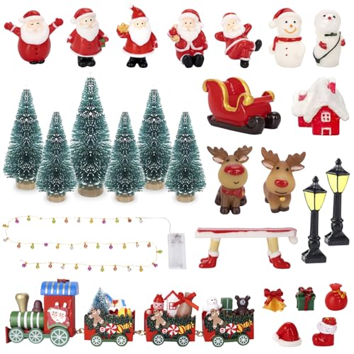KKSJK 27 peças ornamentos pequenos de Natal, mini comboio natalício LED grinalda árvore de Natal pai Natal boneco de neve alce carro, mini figuras de resina para casa mesa decoração presentes