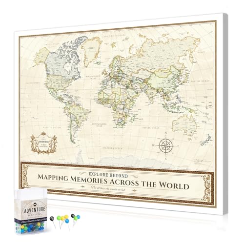 Image of DECORARTS - World Travel Map with Pins, Pin Board Canvas Wall Art, Colorful Classic Maps for Wall Decor, Giclee Print on Canvas, Handcrafted in USA, 20x16''