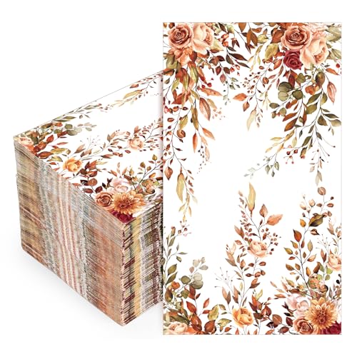 FYSUIMU 100 Pcs Fall Thanksgiving Floral Guest Napkins Boho Flower Eucalyptus Leaves Disposable Napkins Autumn Dinner Hand Paper Towels for Bathroom Wedding Party Table Supplies