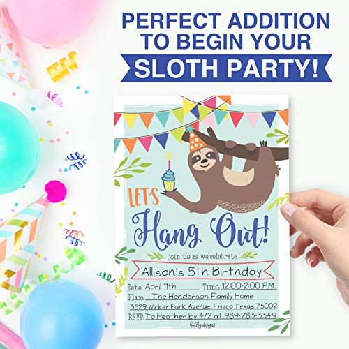 Image of Hadley Designs Kids Birthday Invitations For Boys and Girls Sloth Theme - 25 Sloth Birthday Party Invitations For Boys, Let's Hang Out Invites For Girls, Cute Animal Party Supplies, Made In USA
