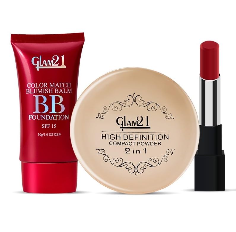 Glam21 Velvet Beauty Fusion makeup combo with BB Foundation, Compact Powder & Ultra Velvet Lipstick | Combo Pack Of 3