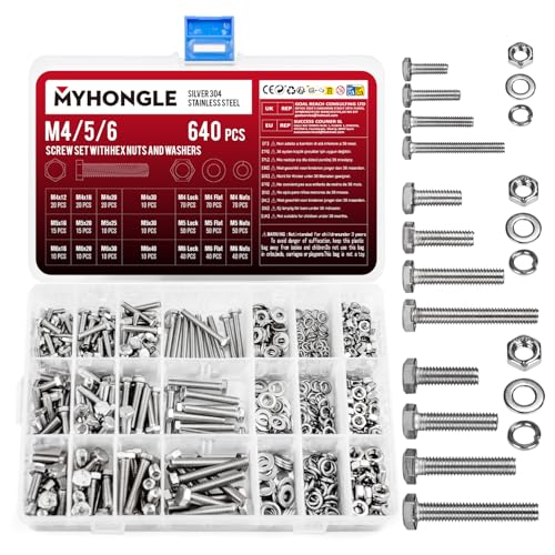 Juego de 640 tornillos hexagonales y arandelas de tuercas, juego de tornillos roscados M4 M5 M6, tornillos de máquina con tuercas, arandelas, surtido de roscas completas para reparación (640)