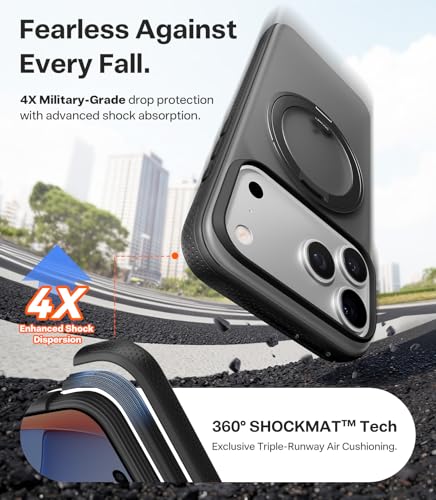 Image of TORRAS 360 Magnetic Stand for iPhone 17 Pro Case, [Fit for MagSafe] [Rotatable Ring Kickstand] [4X Mil-Grade Shockproof] Slim Phone Cover, Camera Button, Obsidian Black, Translucent, Ostand O3 Fitness