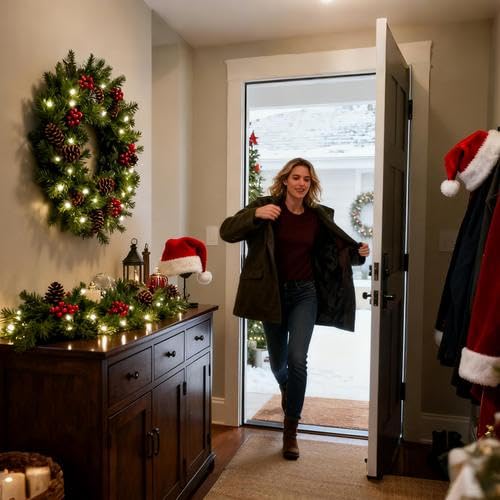 Christmas Wreath with LED Lights - 45cm/18 inch Large Artificial Wreaths with Berries, Pine Cones - Christmas Garland Hanging Ornament Wreaths for Fireplace Wall Window Door Christmas Outside Decor - Image 6