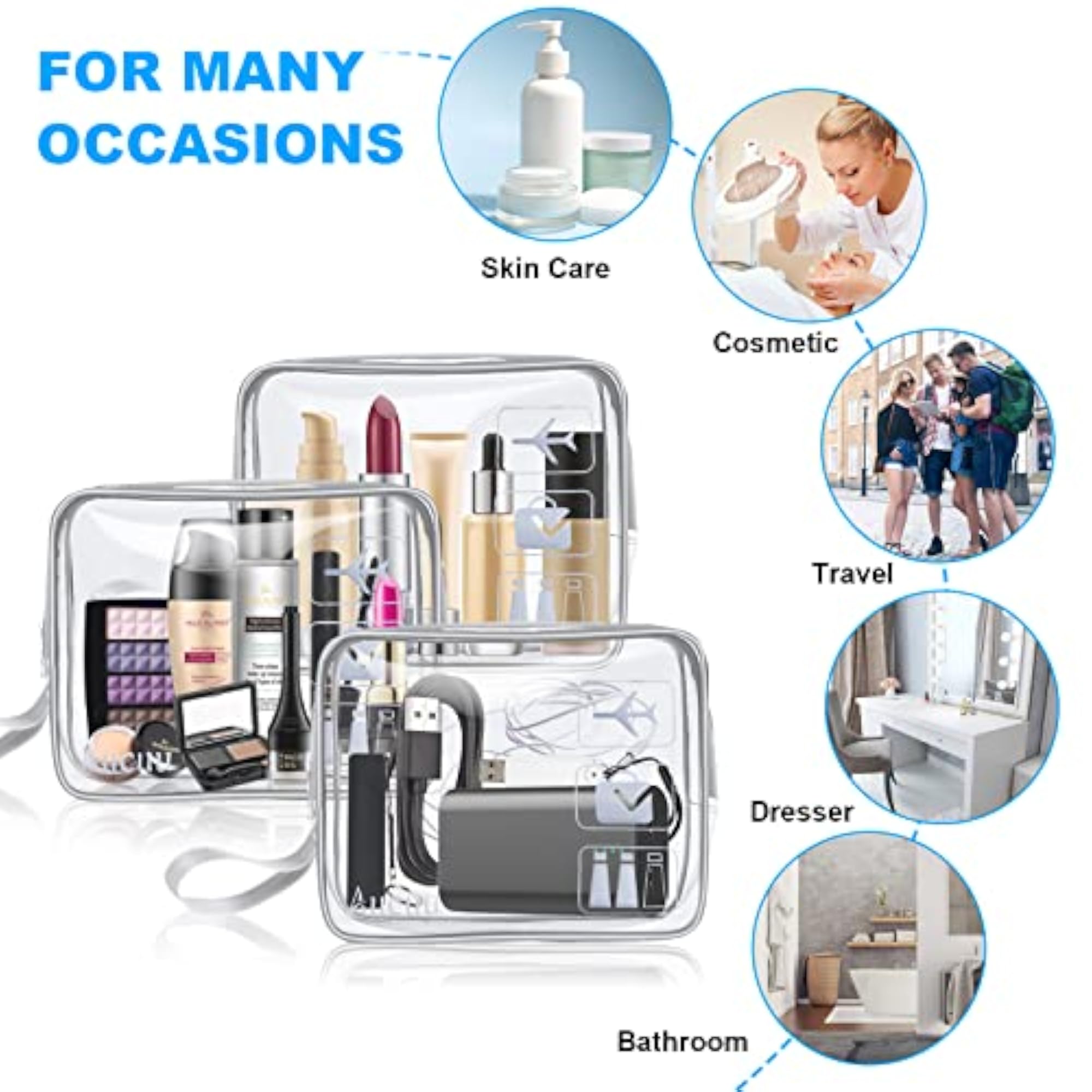 3-Pack Clear Wash & Makeup Bags, TSA Approved