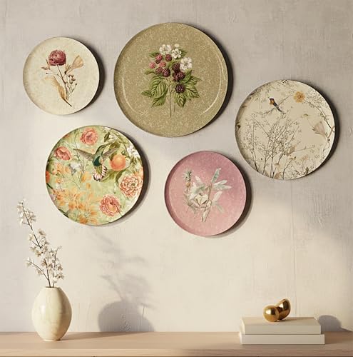 Image of Botanic Bliss Wall Plates Set of 5 - Decorative Metal Wall Art for Home Decor | Botanical & Floral Wall Plates for Living Room, Bedroom, Office | Elegant Wall Hanging Gift Item