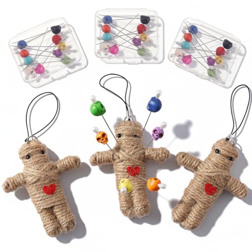 Poen 3 Pcs Voodoo Dolls Horror Doll with 30 Skull Pins Christmas Stuffing Decoration Funny Inspirational Positive Ornaments Gifts for Friend Coworkers New Year Halloween Party Supplies(Hemp Rope)