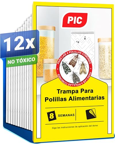 PIC Trampa Polillas Alimentos - 12x Trampas para Polillas de la Comida - Antipolillas Cocina Alimentos - Trampas Adhesivas Eficaces para Determinar la Infestación de Polillas de la Comida