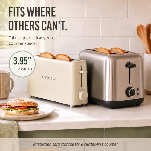 Image of Nostalgia Slim 2-Slice Toaster - Wide Slot - Space-Saving Design - Adjustable Browning Dial - 10-inch Long Slot Fits 2 Slices of Bread or Bagel Halves - Drop-down Crumb Tray - Oatmeal