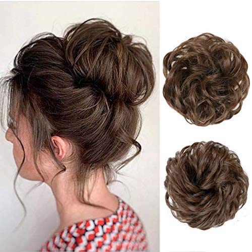Cagora Hair Bun Hairpieces Extensions Curly Wavy Hair Ponytail Synthetic Hair Fibers Elastic Scrunchie Half Updo Hair Wig Scrunchies for Women (Medium Chestnut Brown(8#))