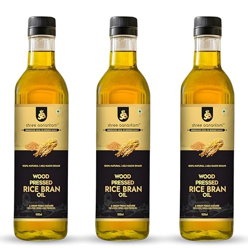 Image of Shree Aanantam Cold Pressed Rice Bran Oil - 1 Liter | Bottle | Kolhu /Kacchi Ghani /Chekku | 100% Pure & Natural | Chemical-Free | Wood Pressed Rice Bran Oil for Cooking (1l (Pack of 3))