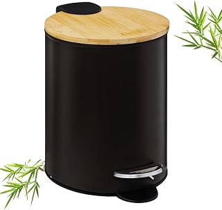 Solty - Cubo basura baño con tapa de bambú - 3L - Papelera de metal con cubo y pedal - Ideal para baño, cocina o escritorio - 17 cm x 22,5cm x 24,5 cm - Color negro