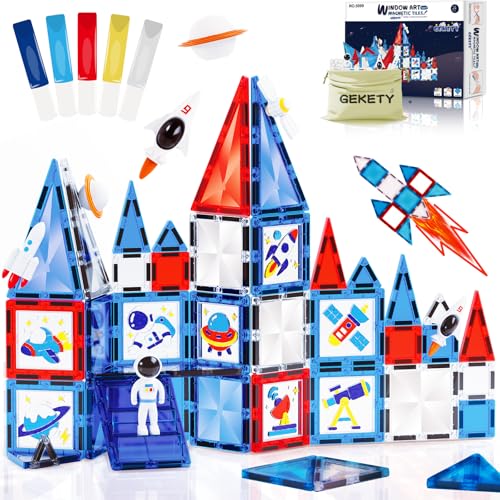 Magnetic Tiles - 58 Pcs Space Magnets Building Blocks Set - Sensory Travel Toys for Toddler - STEM Construction Playboards Stacking Toy - DIY Window Art - Birthday Gifts for Boy Girl Kids Ages 3-12