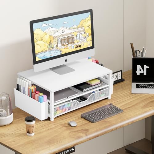 Image of OPNICE Desk Organizers and Accessories, Computer Monitor Stand Riser with Drawer and 2 Pen Holders, Printer & Laptop Stand, Office Desk Accessories & Workspace Organizers for Home Office Supplies