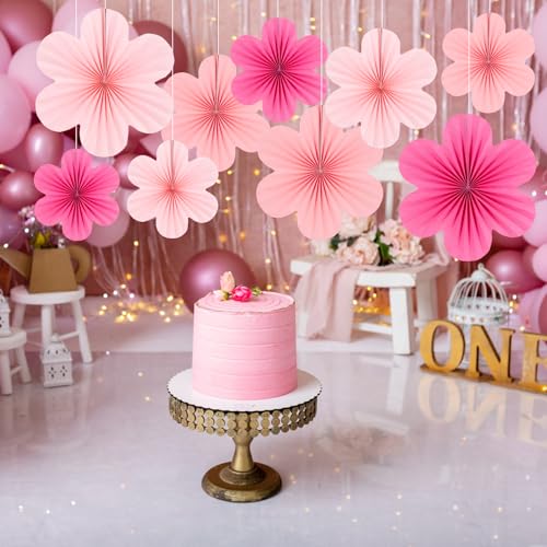 Image of Easy Joy Hot Pink Paper Flowers Decorations for Wall Pink Paper Fans Classroom Decoration Paper Floral Backdrop Decor Paper Fans Decoration Hanging Paper Fans Pink Flower Wall Decor, Set of 9