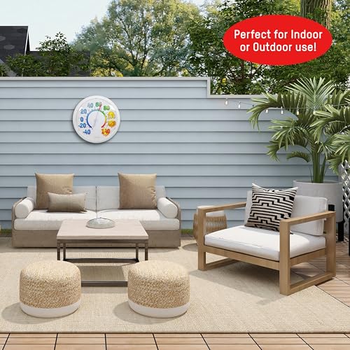 Image of Taylor Colorful Icons Big and Bold Wall High Temperature Thermometer Indoor Outdoor Wireless Easy Read Large Numbers for Patio Pool Indoor Use, Weather Resistant 13.25 Inch Modern Home Decor, White