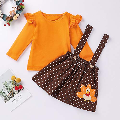 XFGLCK Toddler Kids Baby Girl Thanksgiving Clothes Outfit Ruffle Sleeve Turkey Shirt Blouse +Suspender Skirts Set3