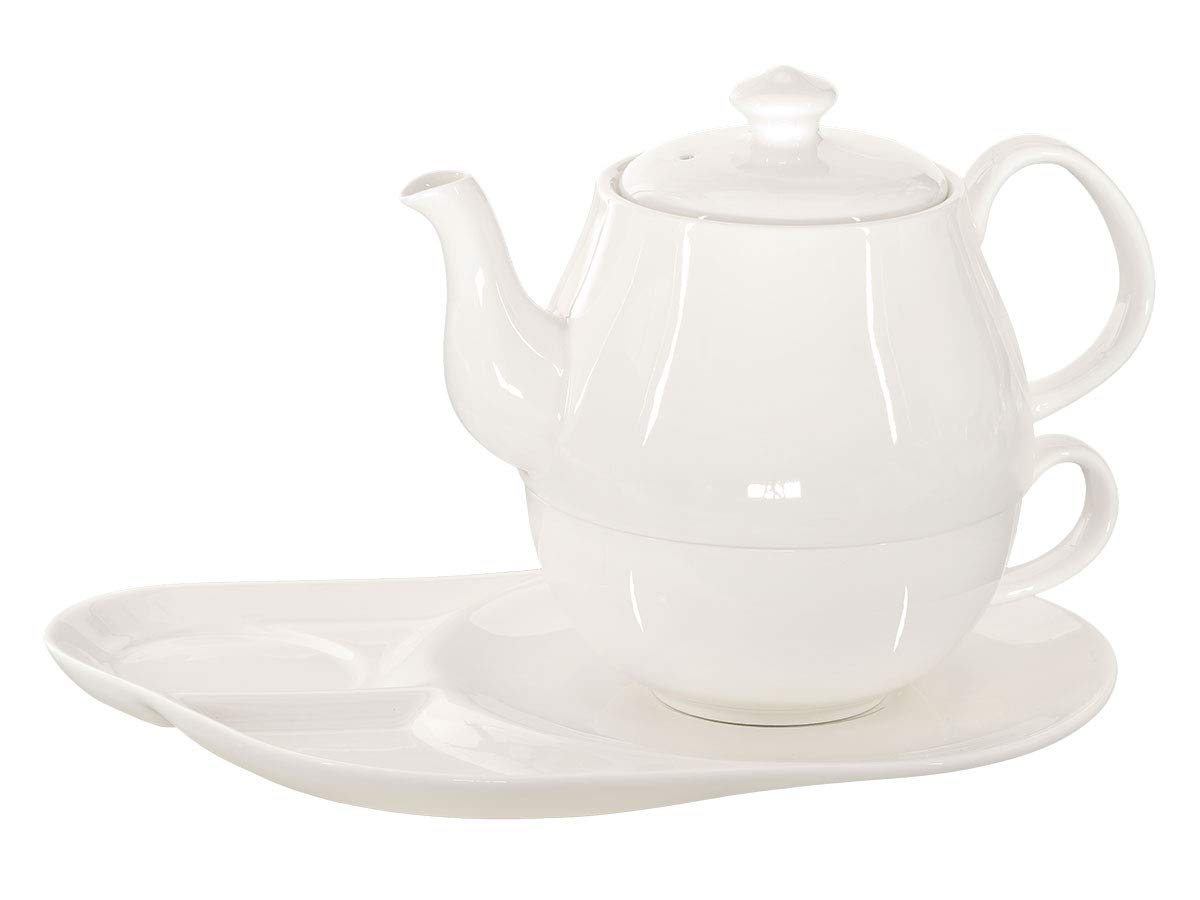 Tea for One Daisy 600ml aus Crystal Bone China Porzellan in fein-cremigem Weiß. Teekanne + Teetasse + Untersetzer mit praktischen Ablageflächen