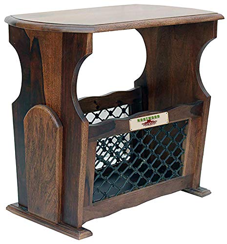Image of Sheesham Wood Side Table with Magzine Holder for Living Room | Brown