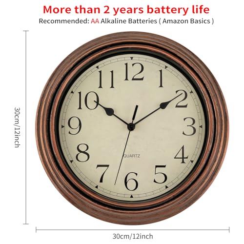 Image of Foxtop Vintage Copper Wall Clock 12 Inch Silent Non Ticking Battery Operated Quartz Round Retro Wall Clock Decorative for Kitchen Bedroom Living Room Office Classroom