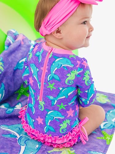Image of RuffleButts Baby Girls UPF 50+ Sun Protection Floral Printed Long Sleeve One Piece Rash Guard Swimsuit with Zipper