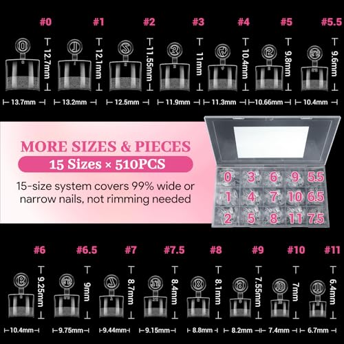 Image of Short Square Half Cover Nail Tips 510 Pcs Clear 15 Sizes | No-file pre-buffed half cover clear tips with half sizes and thin back design for DIY nail extensions.