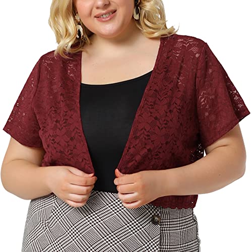Image of Agnes Orinda Plus Size Bolero Shrugs for Women Lightweight Open Front Short Sleeve Cropped Lace Cardigan 3X Burgundy