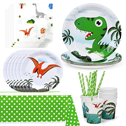 Zaloife Juego de Cubiertos Dinosaurio, Vajilla de Fiesta de Dinosaurio, Platos Vasos Servilletas Pajitas Mantel, Suministros de Dinosaurio para Niño Cumpleaños Baby Shower Aniversarios Cover