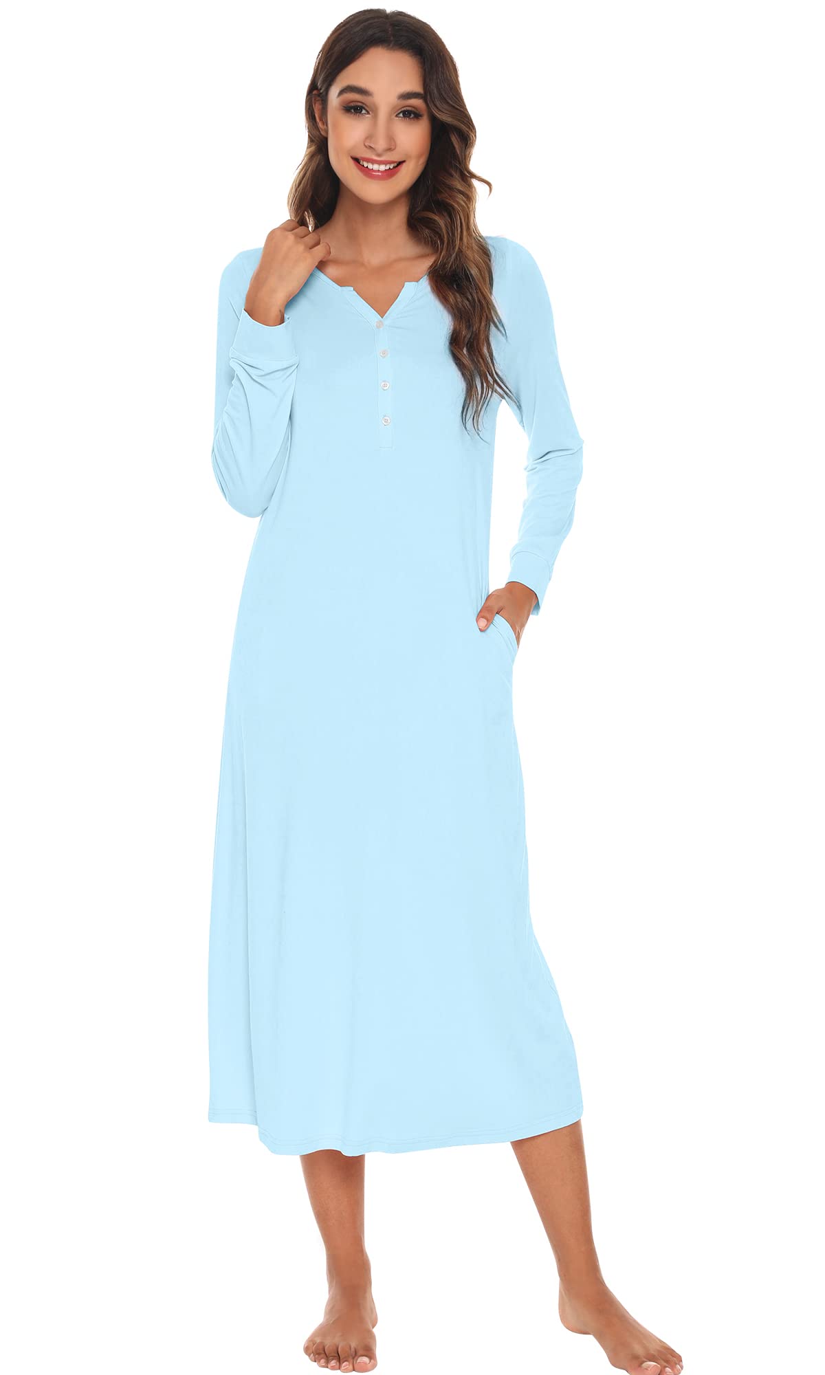 WiWi Nightgowns for Women Super Soft Sleepwear Long Sleeve V Neck Nightshirts Viscose from Bamboo Cooling Nightdress S-XXL