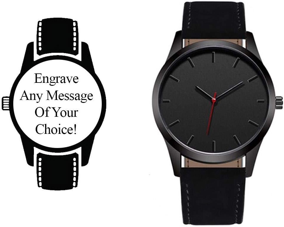 Personalised Engraved Watch, Leather Black Strap with Black Face. Perfect for Father's Day, Christmas or a Gift