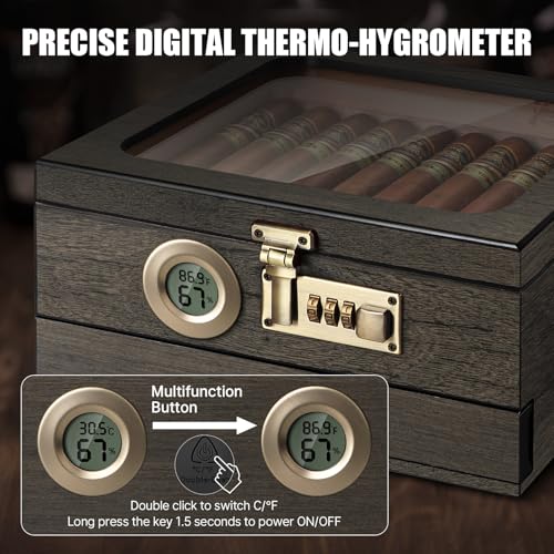 Image of Tesonway Cigar Humidor,Cedar Wood Humidor Cigar Box,Glass Top Desktop Humidor with Digital Thermo-Hygrometer, Humidifier, Divider, Accessories Drawer and Combination Lock,Cigar Gift for Men