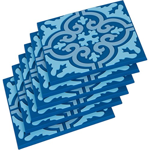 Blue Moroccan Tile Washable Durable Unbreakable Soft PVC Designer Coaster Set. 6 Coasters, 4 inch Square. Protect Your Tables from Scratches. Drinks Coasters for Beers, Drinks, Coffee.