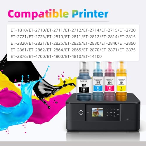 JoyPrinting E104 Tinte Nachfüllkit Kompatibel für Epson Ecotank ET-4800 ET-2710 ET‑2711 ET-2861 ET-2862 ET-2712 ET-2714 ET-2715 ET-2720 ET-2721 ET-2726 ET-2810 ET-2811 (140ml BK, 70ml Farbe)