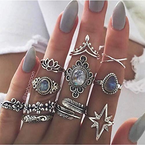 GENBREE Boho Joint Ring Set Silver Knuckle Rings Crystal Stacking Midi Finger Rings Set for Women and Girls (10Pcs)