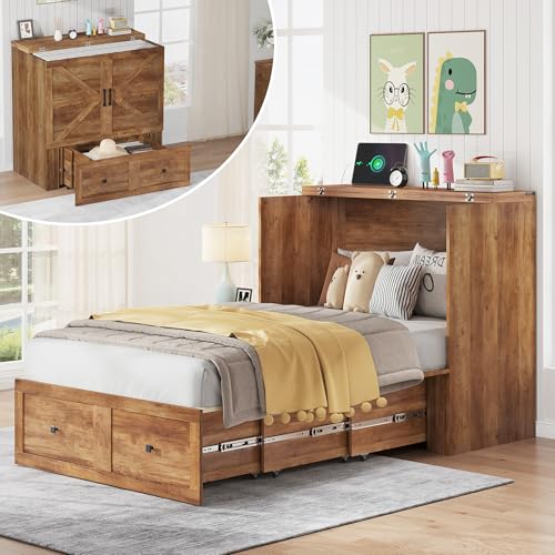 AMERLIFE Twin Murphy Bed Cabinet with Charging Station and Storage Drawer, Farmhouse Foldable Platform Bed for Home Office, Apartment, Small Spaces, Barnwood