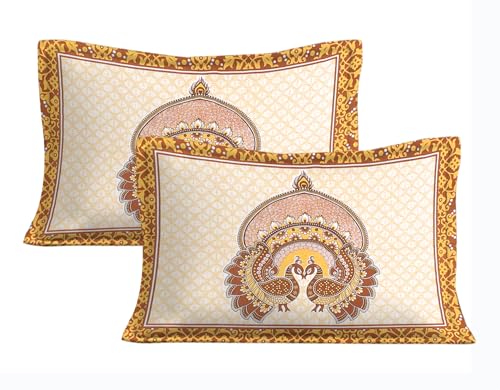 Image of JAIPUR PRINTS 100% Cotton Bedsheet for Double Size Bed Rajasthani Jaipuri Printed with 2 Pillow Covers 90x100 inch 235x215 cm Yellow 3 Pieces