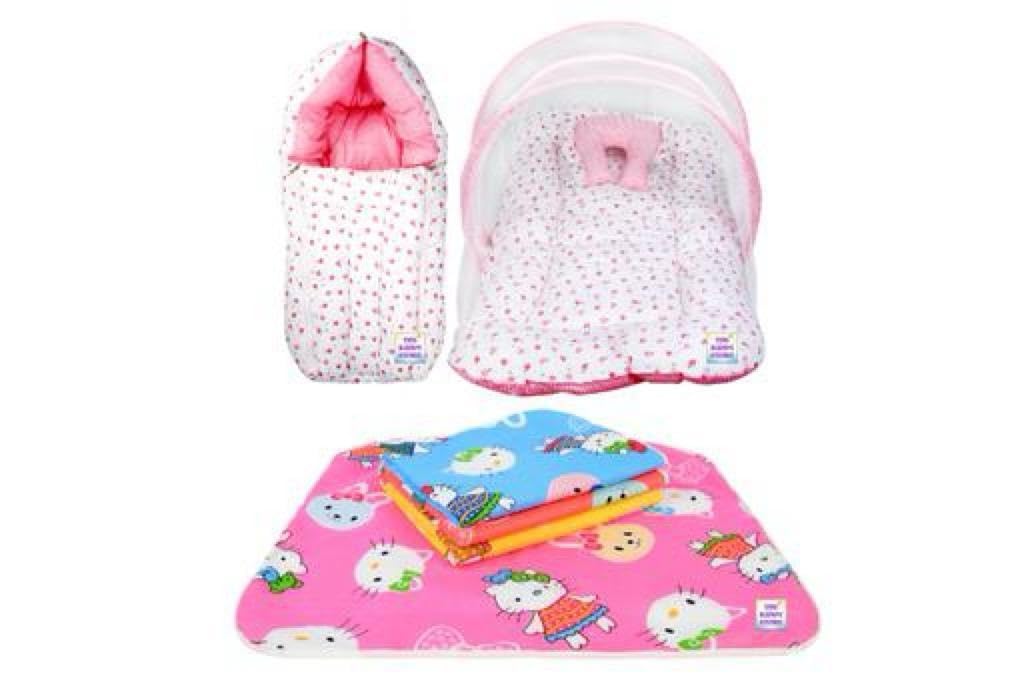 Baby 1 Bedding Set with Mosquito Net, 1 Baby Sleeping Bag, 4 Baby Mats Combo Gift for New Born Baby (0 to 1 Year) Orange Animal (pink5)-image-35