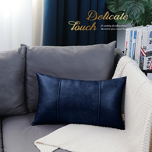 Image of BRAWARM Navy Blue Leather Throw Pillow Covers 12 X 20 Inches - Faux Leather Lumbar Pillow Cover with Piping, Hand Stitched Leather Throw Pillow for Couch Sofa Bed Living Room Home Decorative